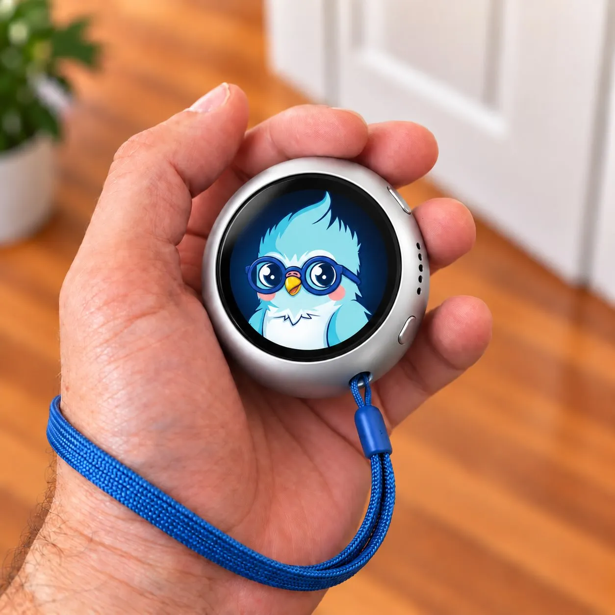 Pocket Kippy with a blue strap, held in a hand