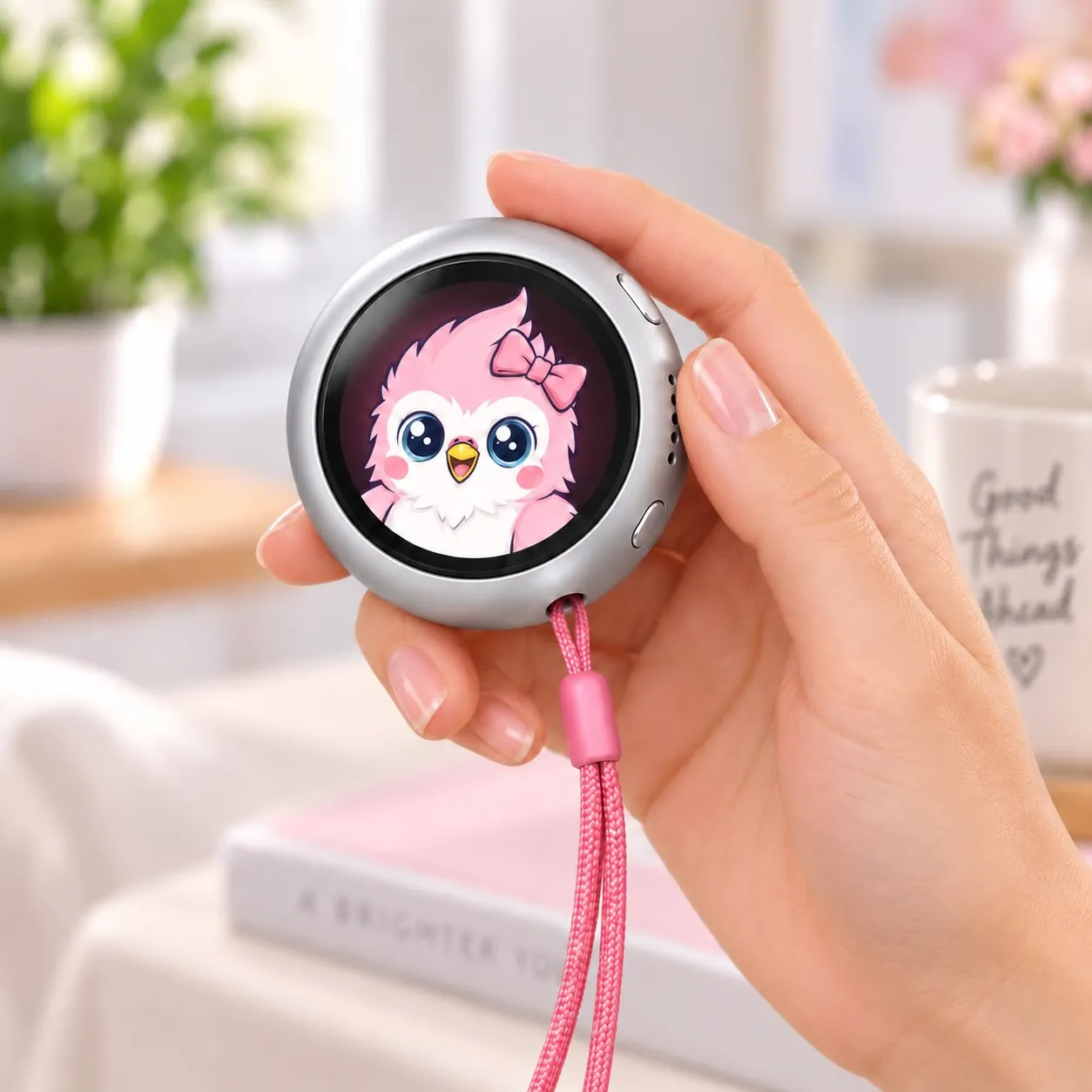 Pocket Kippy with a pink strap, held in a hand