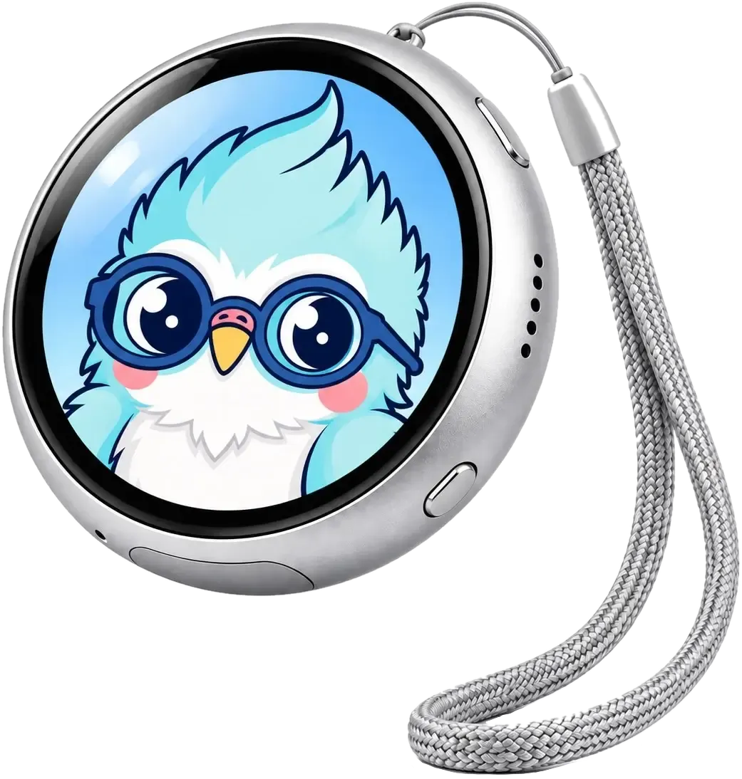 Pocket Kippy, a round device with Kippy the bird on its screen and a braided strap